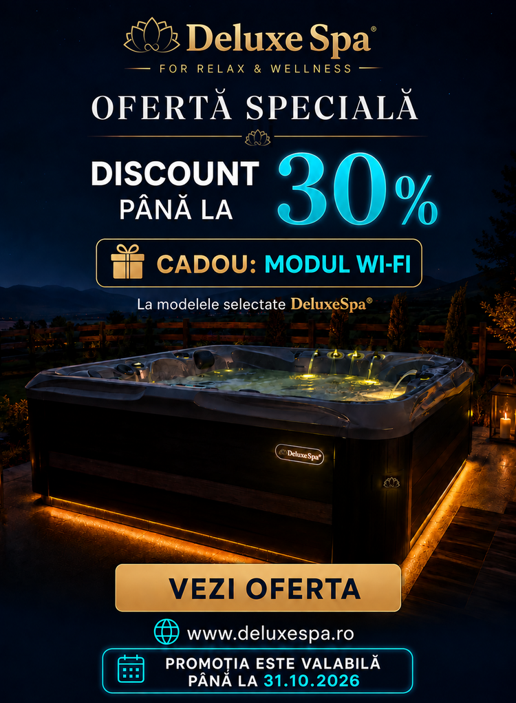 Ofertă specială DeluxeSpa: discount până la 30%, cadou modul Wi-Fi la modelele selectate. Promoție până la 31.10.2026.