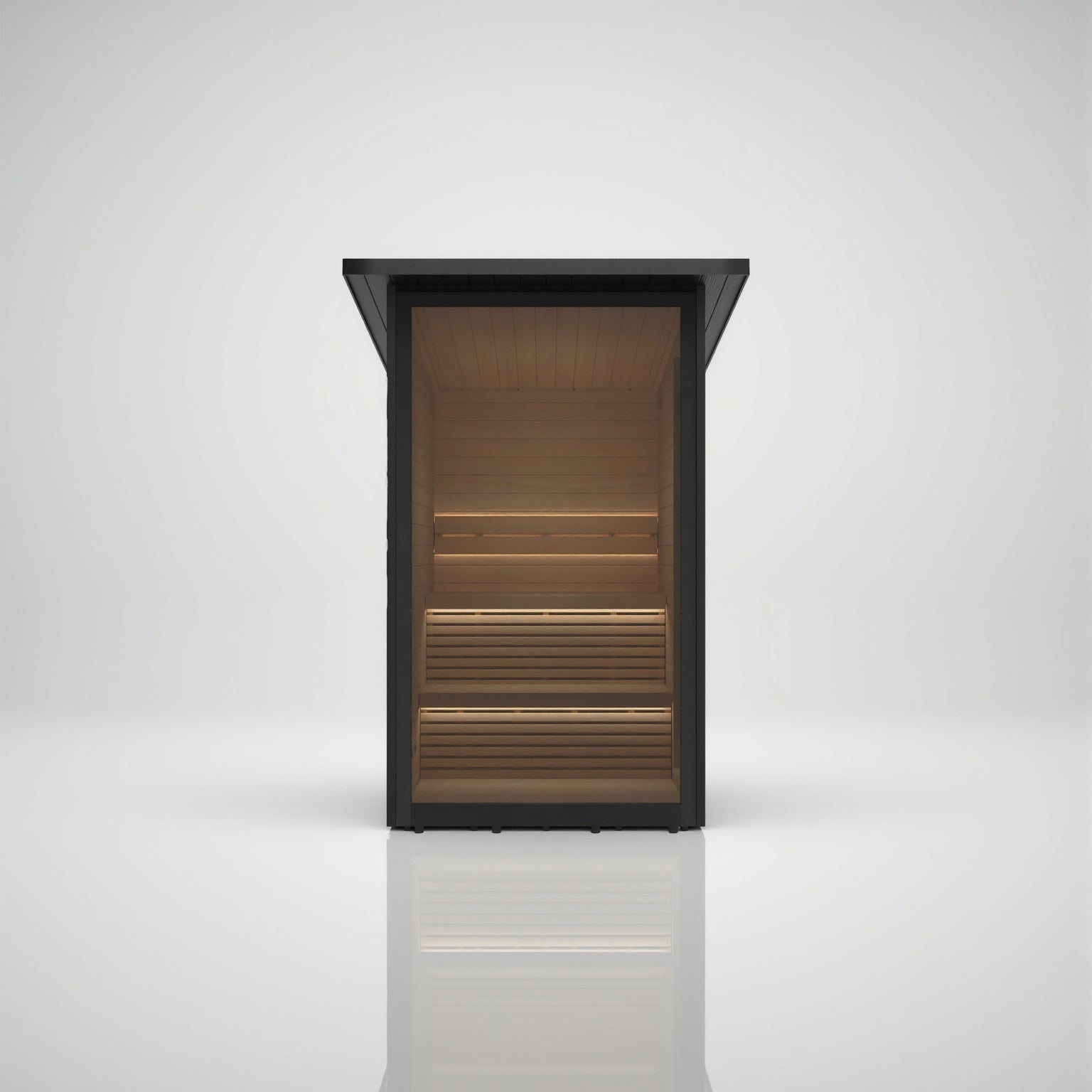 Hekla Mini Cabin outdoor saună in black WPC with full glass front, vedere din față