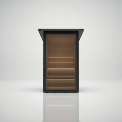 Hekla Mini Cabin outdoor saună in black WPC with full glass front, vedere din față