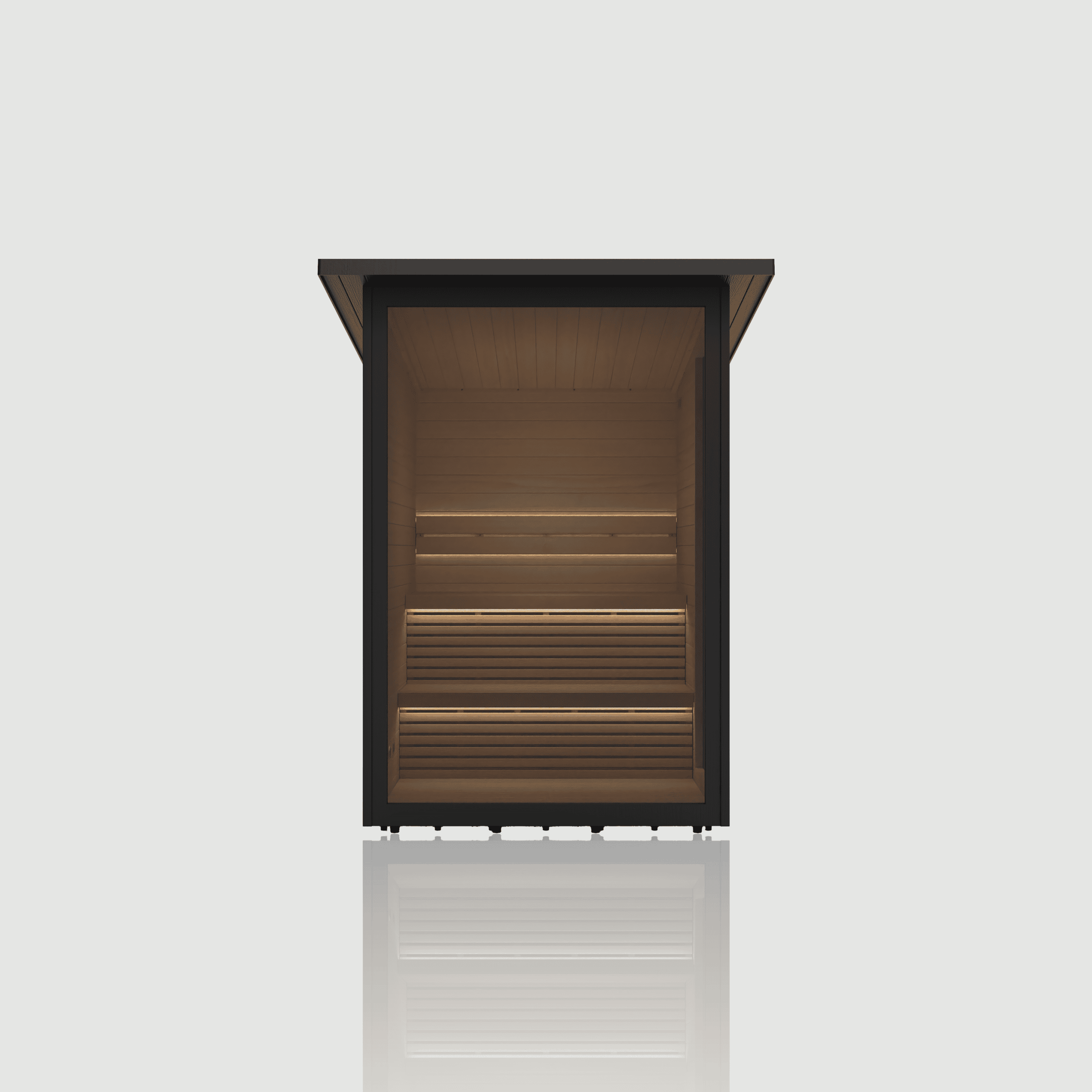 Hekla Cabin outdoor saună in black WPC with full glass front, vedere din față