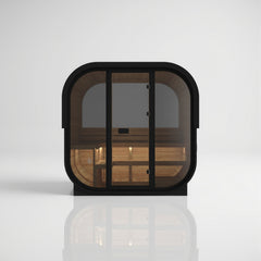 Hekla Cube 210 Nero outdoor saună in black-stained thermo-spruce, vedere din față with panoramic glass
